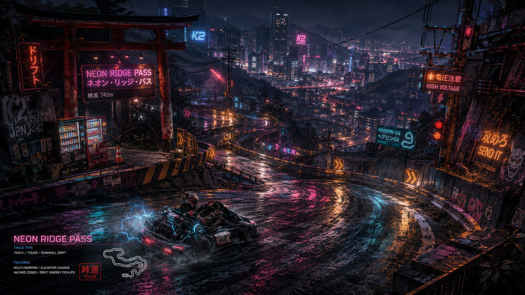 SLIPFAULT neon mountain road concept art
